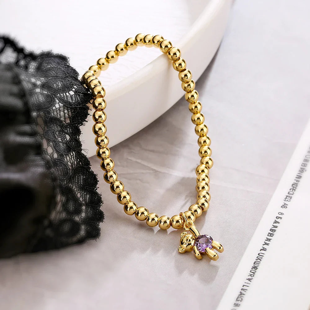 NEWBUY Trendy Gold Color Copper Beads Bracelets For Women White/Pink/Purple CZ Cute Bear Jewelry Vera Lux