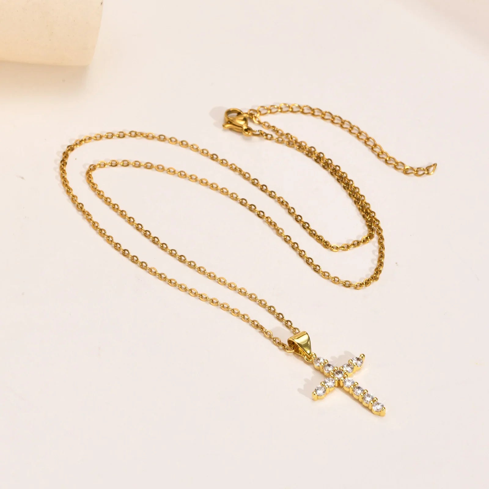Danity Cubic Zirconia Cross Pendant Necklace for Women, Stainles Steel Chain Adjustable Vera Lux