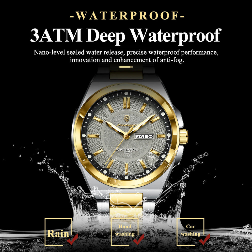 POEDAGAR Top Original Men's Watches Stainless Steel Waterproof Luminous Man Watch Date Week Classic Trendy Quartz Men Wristwatch Vera Lux