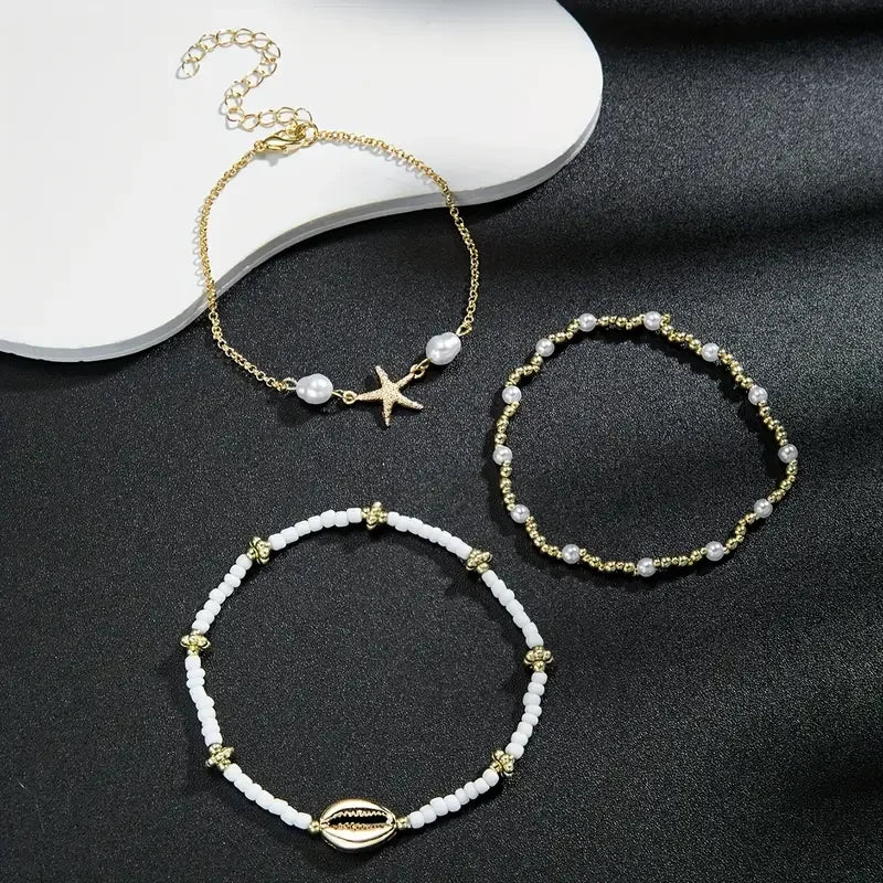 3 Pcs Beach Beaded Anklet Set for Women Vintage Summer Gold Color Starfish Shell Charms Anklet Vacation Daily Wear Jewelry Gifts Vera Lux