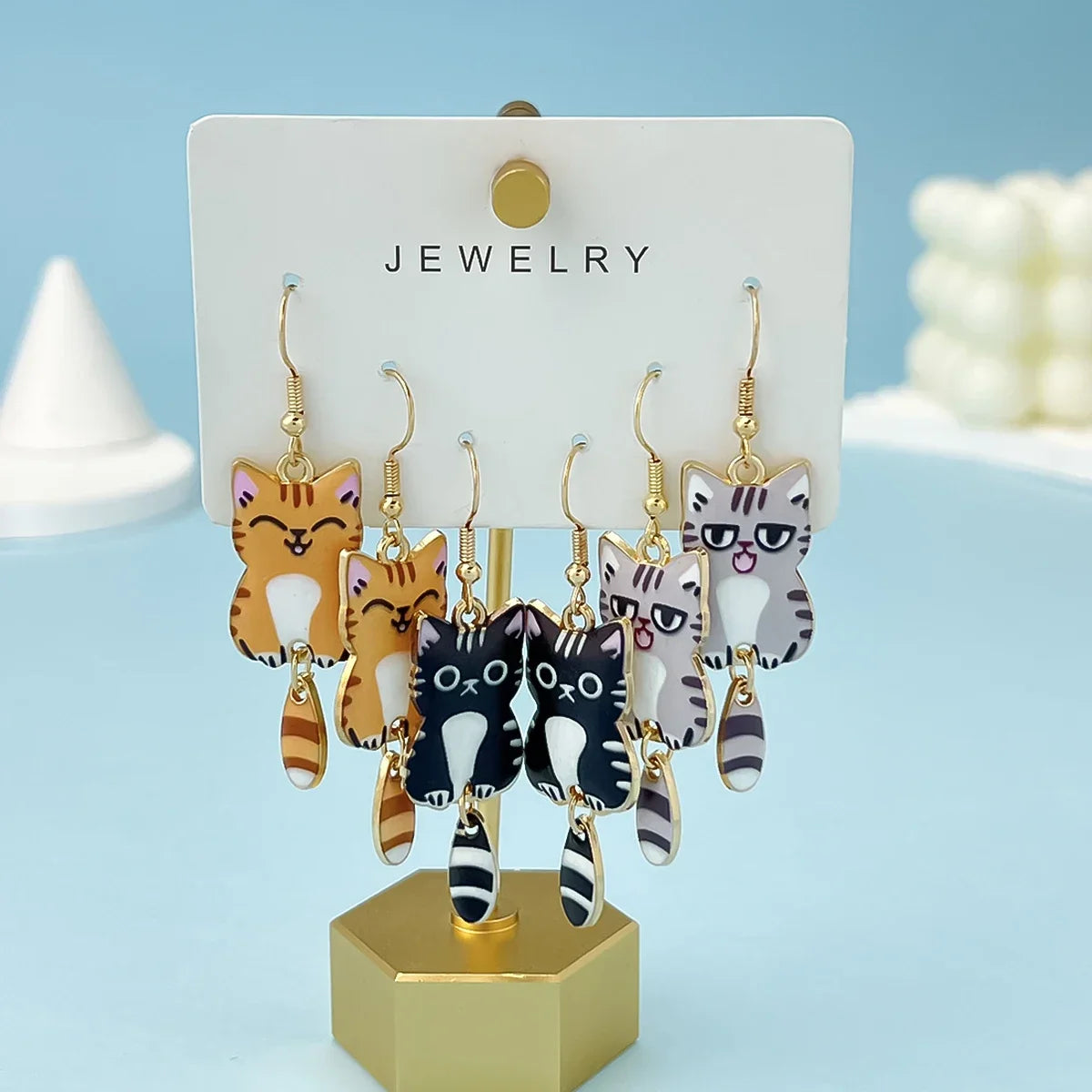 3 Pairs New Fun and Cute Enamel Alloy Hanging Tail Cat Dangle Earrings Colored Cat Ear Jewelry Set Lovely Gift For Women Girls Vera Lux