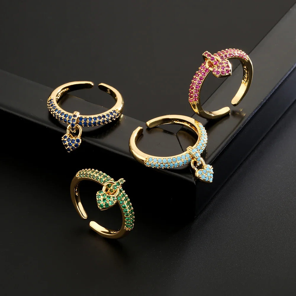 NEWBUY Fashion Colourful Cubic Zirconia Pave Setting Wedding Jewelry 2024 Trendy Gold Color Heart Charm Finger Ring For Women Vera Lux