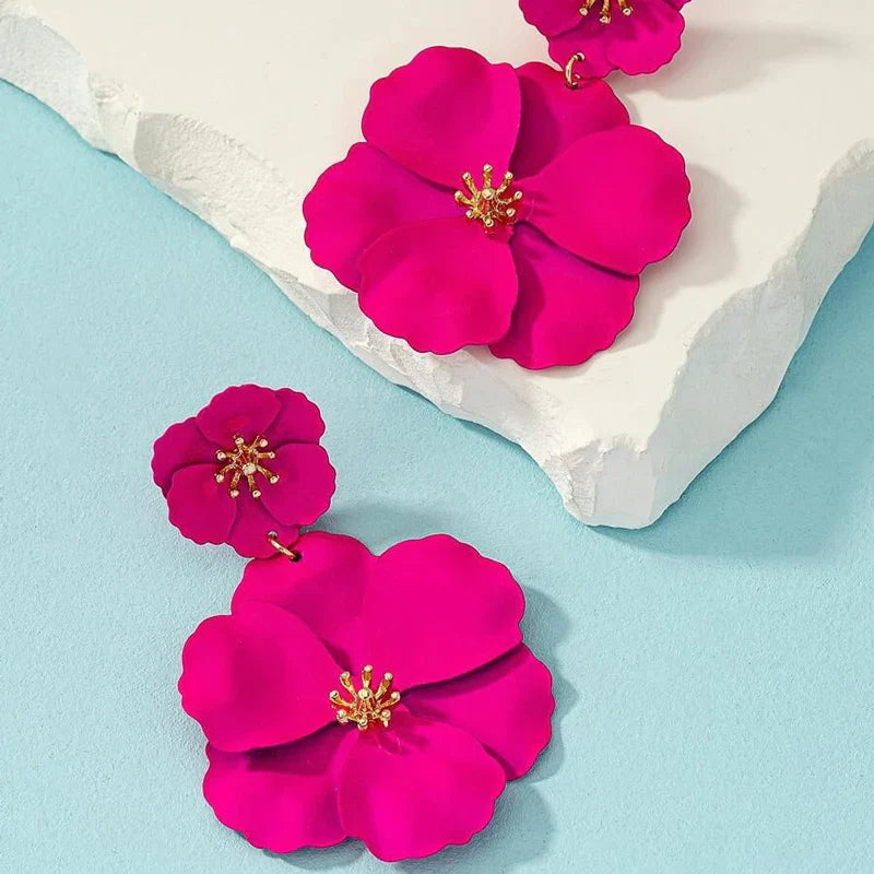 Women Fuchsia Flower Drop Earrings Gold Plating White Fuchsia Spray Big Flower Dangle Earrings Holiday Bridal Earrings Vera Lux