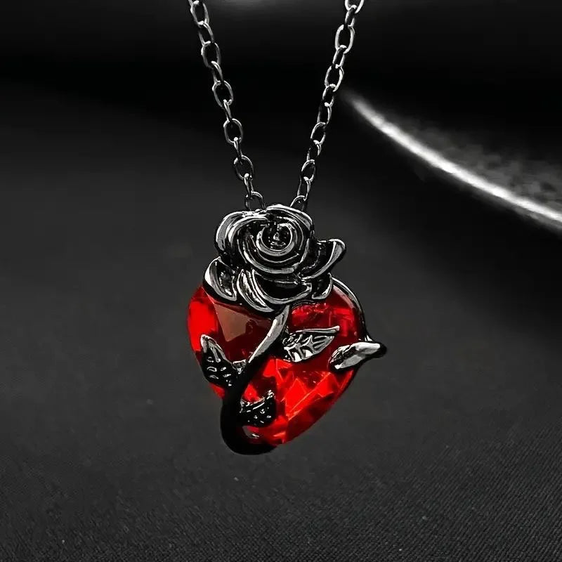 Luxurious Red Crystal Heart Necklace, Vintage Black Rose Floral Pendant, Elegant Fashion Jewelry Gift for Women Vera Lux