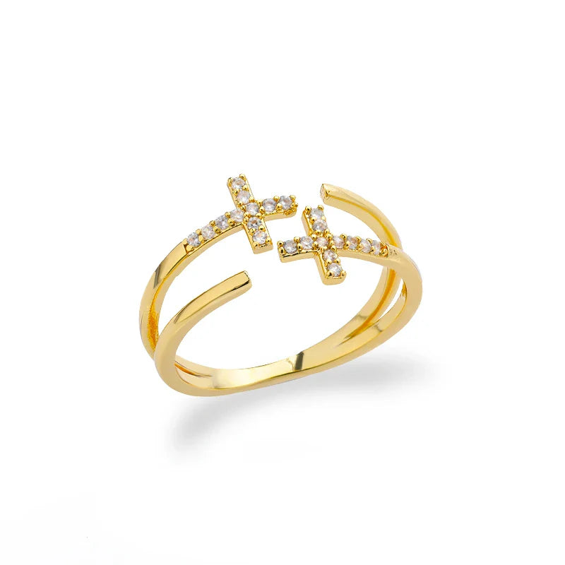 Zircon Double Cross Rings For Woman Stainless Steel Gold Color Shiny Opening Ring New Luxury Fashion Wedding Jewelry Gift Bague Vera Lux