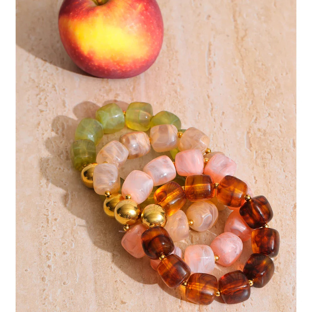 Yhpup Acrylic Square Beads Chain Necklace Bracelet Bangle Stainless Steel Handmade Jewelry Waterproof Green Khaki Pink Amber Vera Lux