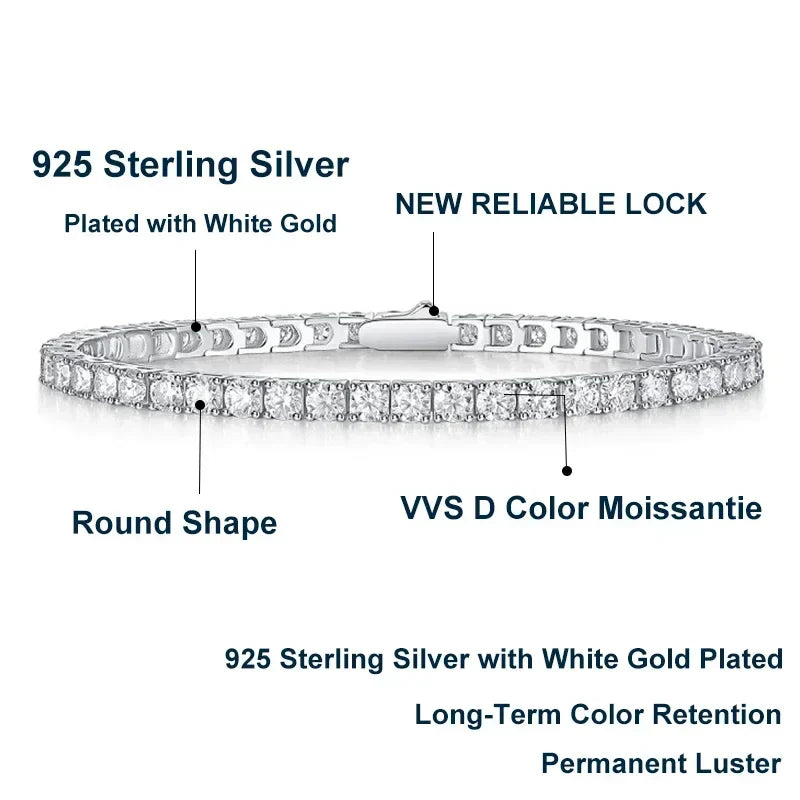 NeeTim 3mm 4mm 5mm 6.5mm Moissanite Tennis Bracelet Original s925 Sterling Silver Lab Diamond Bracelets for Women Men Chains Vera Lux