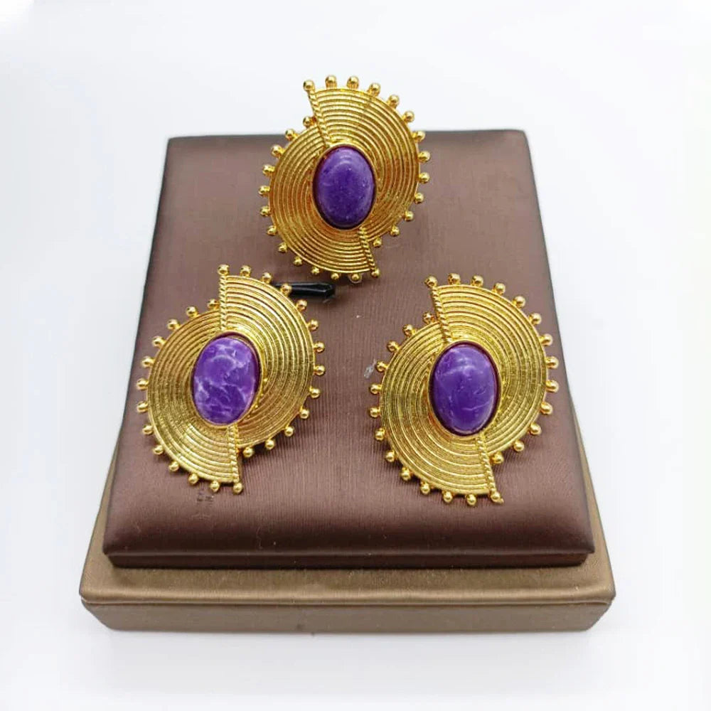 African Jewelry Set for Women Spiral Shape New Fashion Purpuse Stone Earrings Finger Ring Dubai Indian Luxury Gold Color Jewelry Vera Lux
