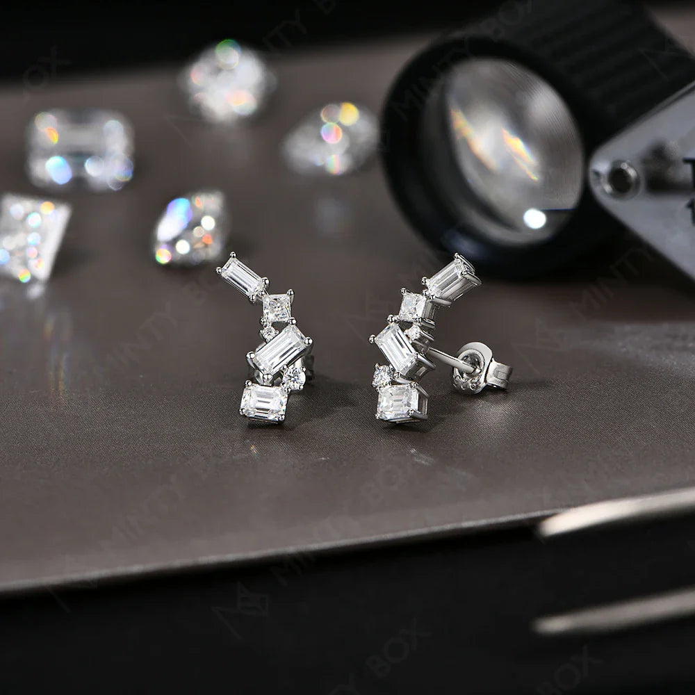 MINTYBOX Moissanite Stud Earrings for Women S925 Sterling Silver Lab Diamond Baguette shape Irregular Earring Engagement Jewelry Vera Lux