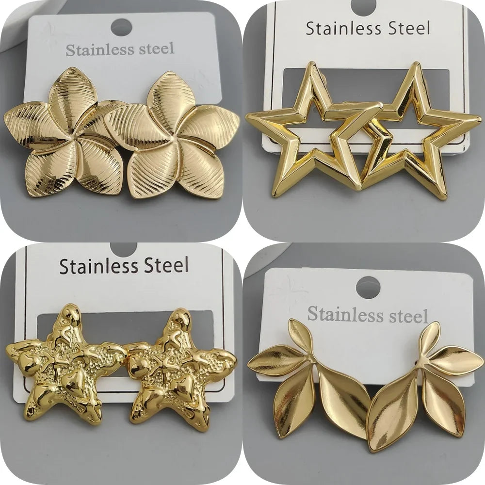 Creative heavy metal pentagonal star leaves stainless steel earrings, waterproof and rusty-free women's earrings, party jewelry Vera Lux