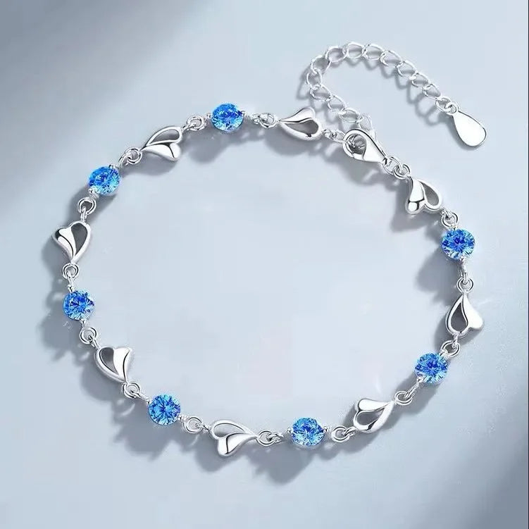 925 Sterling Silver Heart Shaped Necklace Bracelet Set for Women Vintage Korean Blue Crystal Bracelets Jewelry Set Party Jewelry Vera Lux