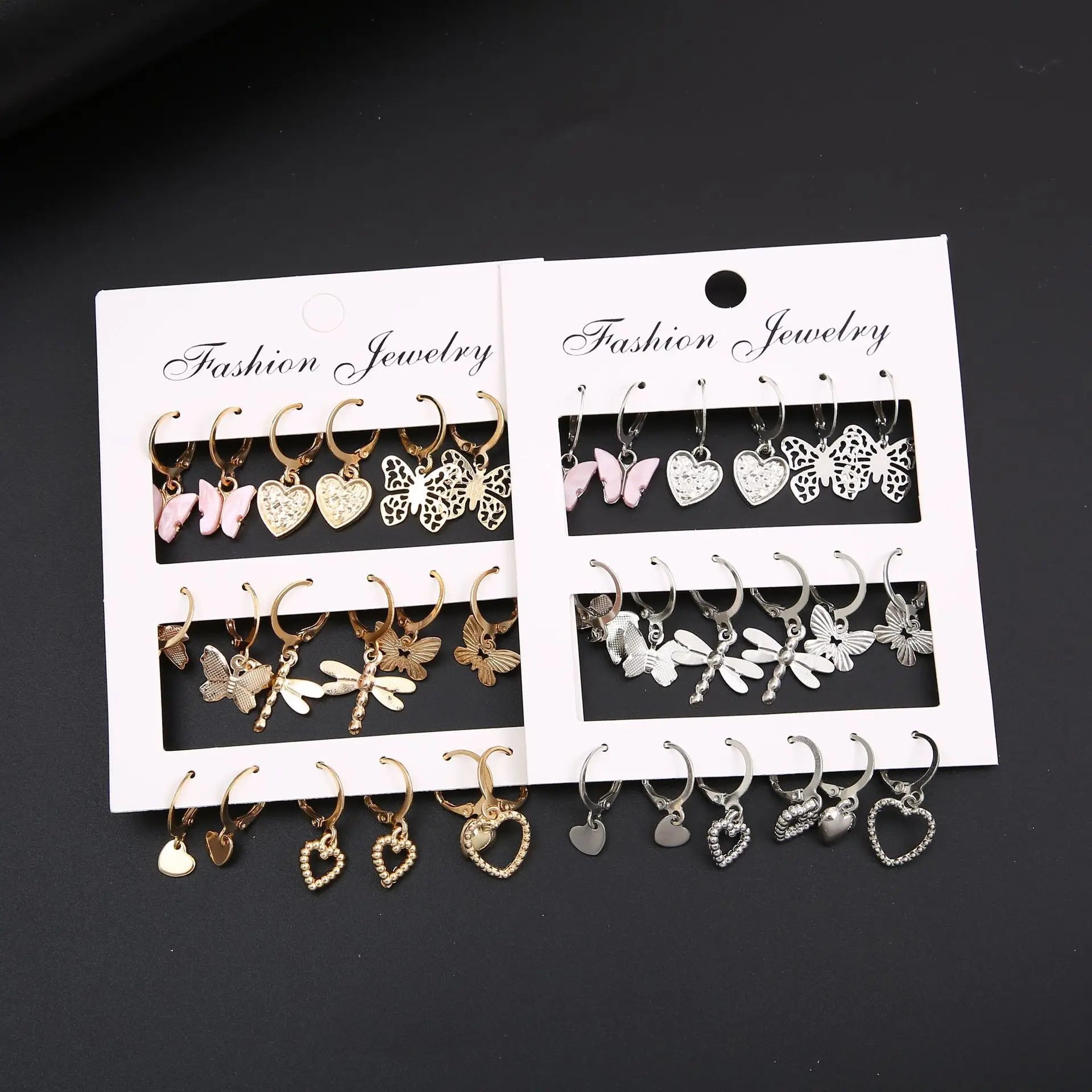 9 Pcs Cute Butterfly Heart Drop Earrings Set Fashion Gold Silver Color Girls Geometric Metal Acrylic Earrings 2024 Jewelry Gifts Vera Lux