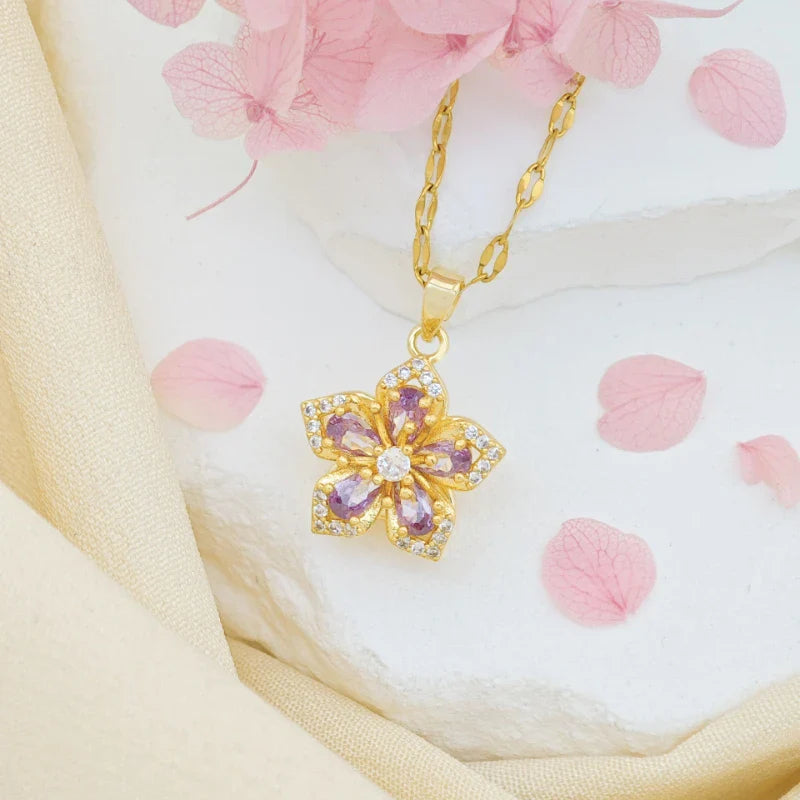 1pc Stainless Steel 5-Petal Flower Necklace With Rotating Pendant For Women Valentines Mom Mother Mother's Day Gift Vera Lux