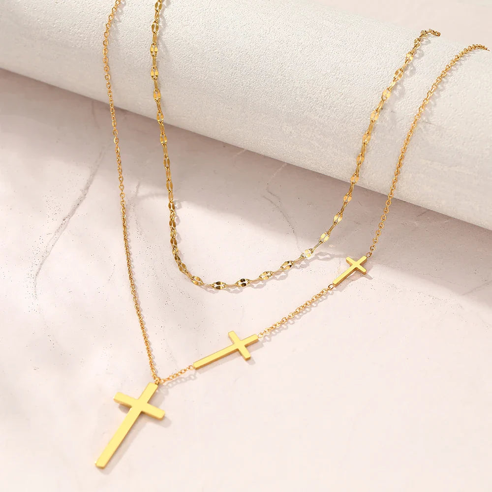 DOTIFI Stainless Steel Necklaces Cross Pendant Choker Double Stacked Wear Light Luxury Fine Necklace For Women Jewelry Vera Lux