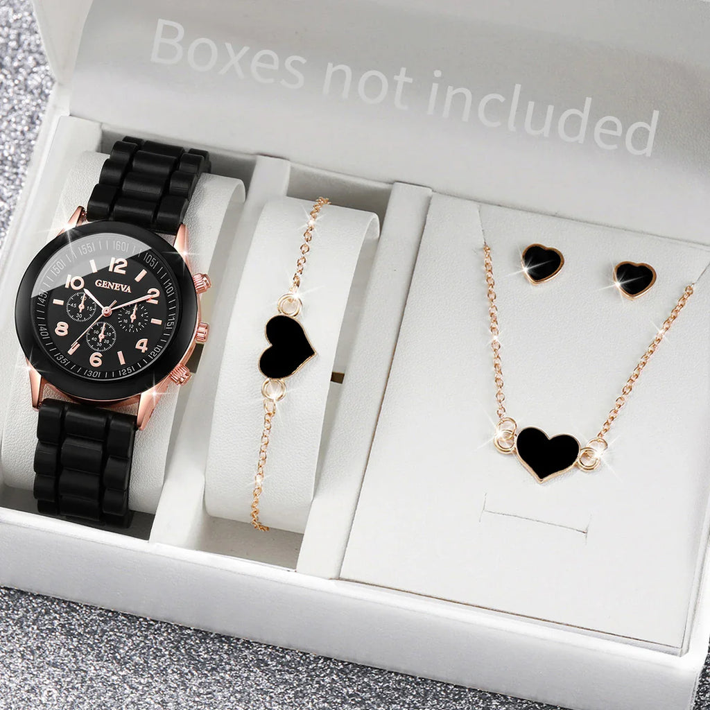 5/6PCS Women Watches Fashion Silicone Band Women Quartz Watches Jewelry Set Reloj Mujer Girls Clock Gift (Without Box) Vera Lux