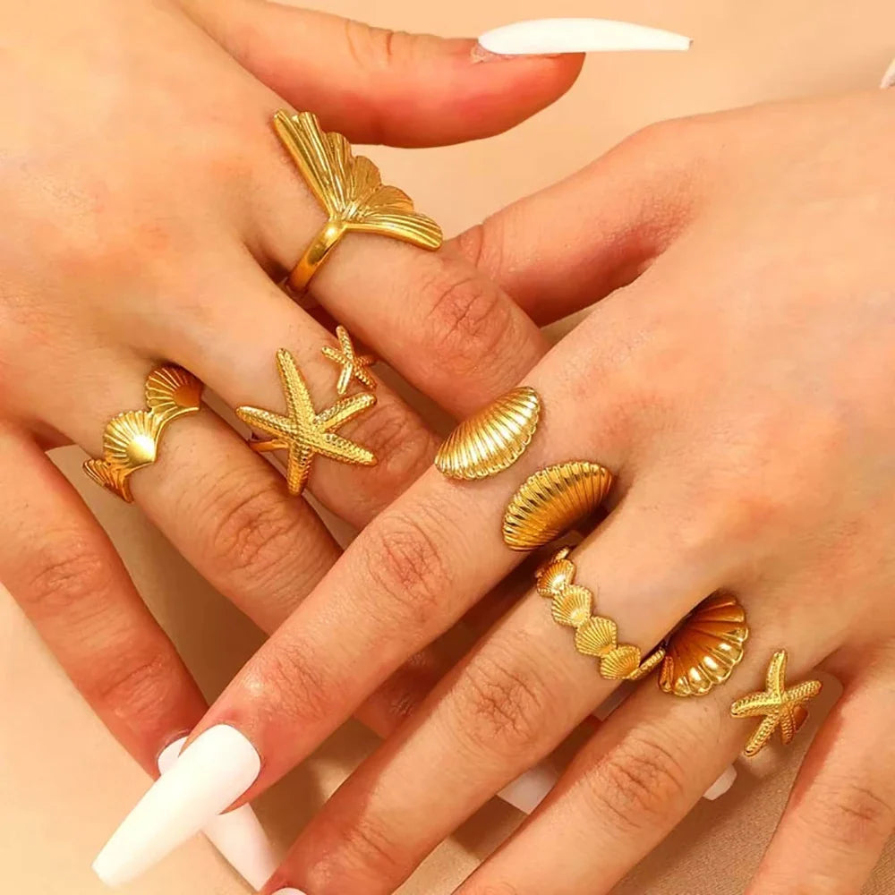 Ocean Starfish Shell Open Rings For Women Gold Color Stainless Steel Ring Summer Beach Aesthetic Waterproof Jewelry Gift Vera Lux