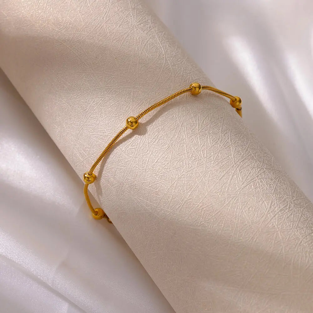 Stainless Steel Beaded Round Snake Chain Bracelets For Women Gold Color Geometric Bracelet Luxury Wedding Party Jewelry Gift Vera Lux