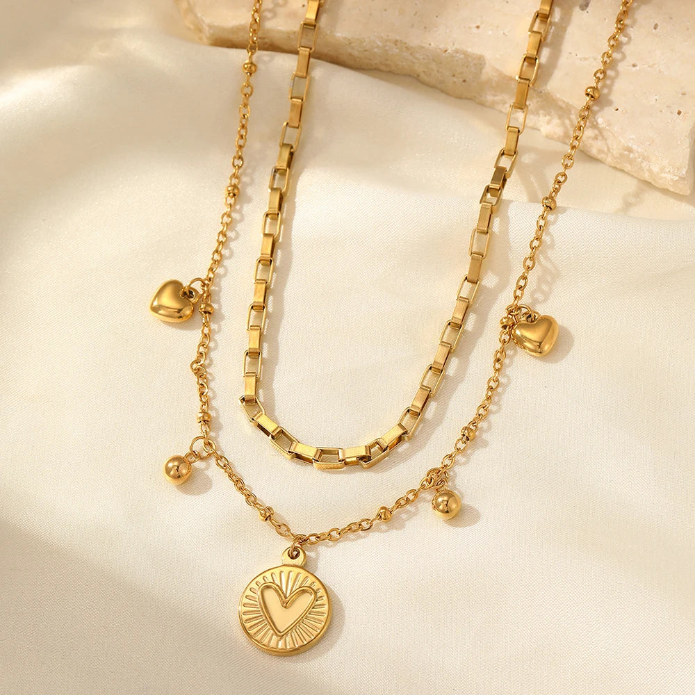 woiwoi Stainless Steel Necklace Luxury Exquisite Peach Heart Double Layer Bone Chain Ladies Jewelry Birthday Anniversary Gift Vera Lux
