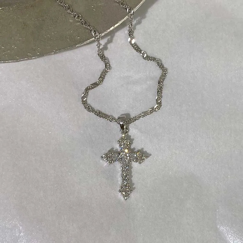 Shiny Crystal Zircon Cross Pendant Necklace for Women Girls Punk Silver Color Thin Chain Necklace Party Jewelry Birthday Gift Vera Lux