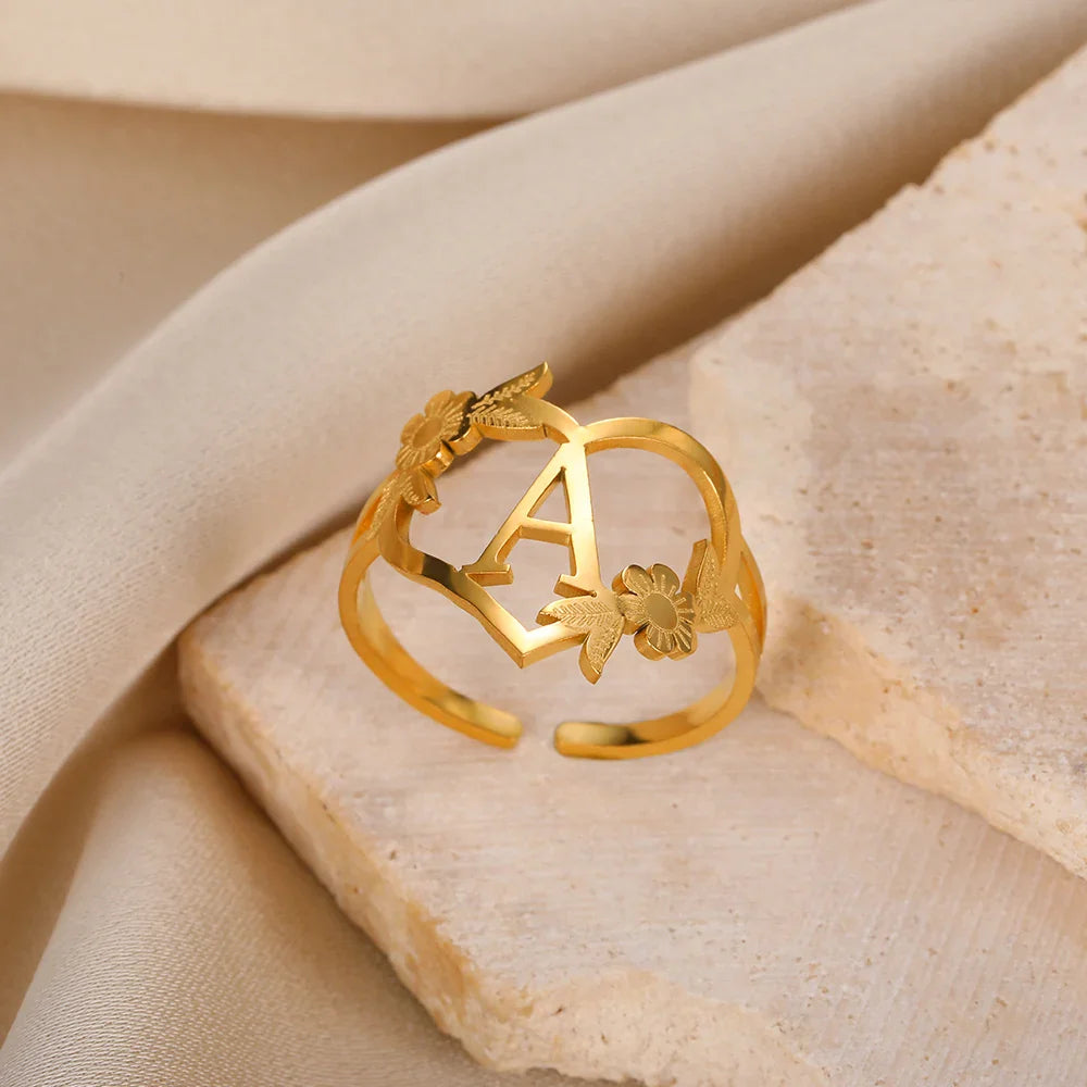 Stainless Steel Initials Letter Heart Rings for Women Girls Gold Color Flower Alphabet Ring Fashion Valentine's Day Jewelry Gift Vera Lux