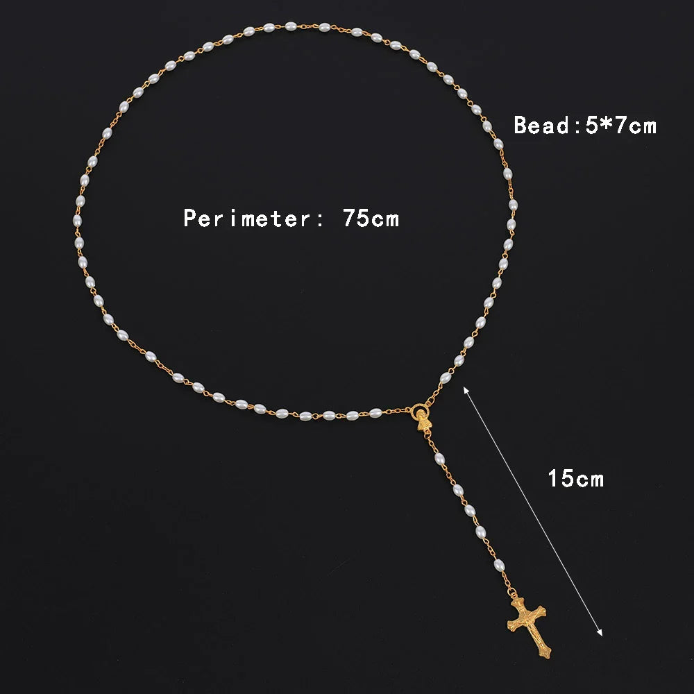 White Oval Pearl Rosary Necklace For Women Catholic Religious Crucifix Cross Pendant Gold Silver Color Chain Men Prayer Jewelry Vera Lux