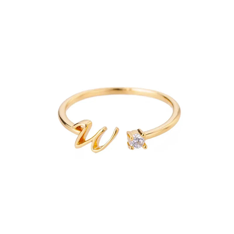 A-Z Initial Letter Open Rings for Women Stainless Steel Gold Color Zircon Adjustable Ring Trendy Couple Wedding Jewelry Gift Vera Lux