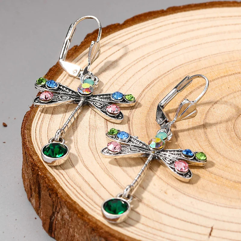 Elegant Personalized Carved Dragonfly Earrings Seven colored gems Hook Drop Earrings Wedding Engagement Earrings for women Vera Lux