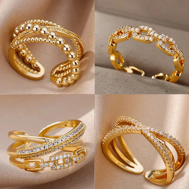 Zircon Twist Chain Open Rings For Women Stainless Steel Geometric Twist Wrapped Adjustable Ring Wedding Aesthetic Jewelry Gift Vera Lux