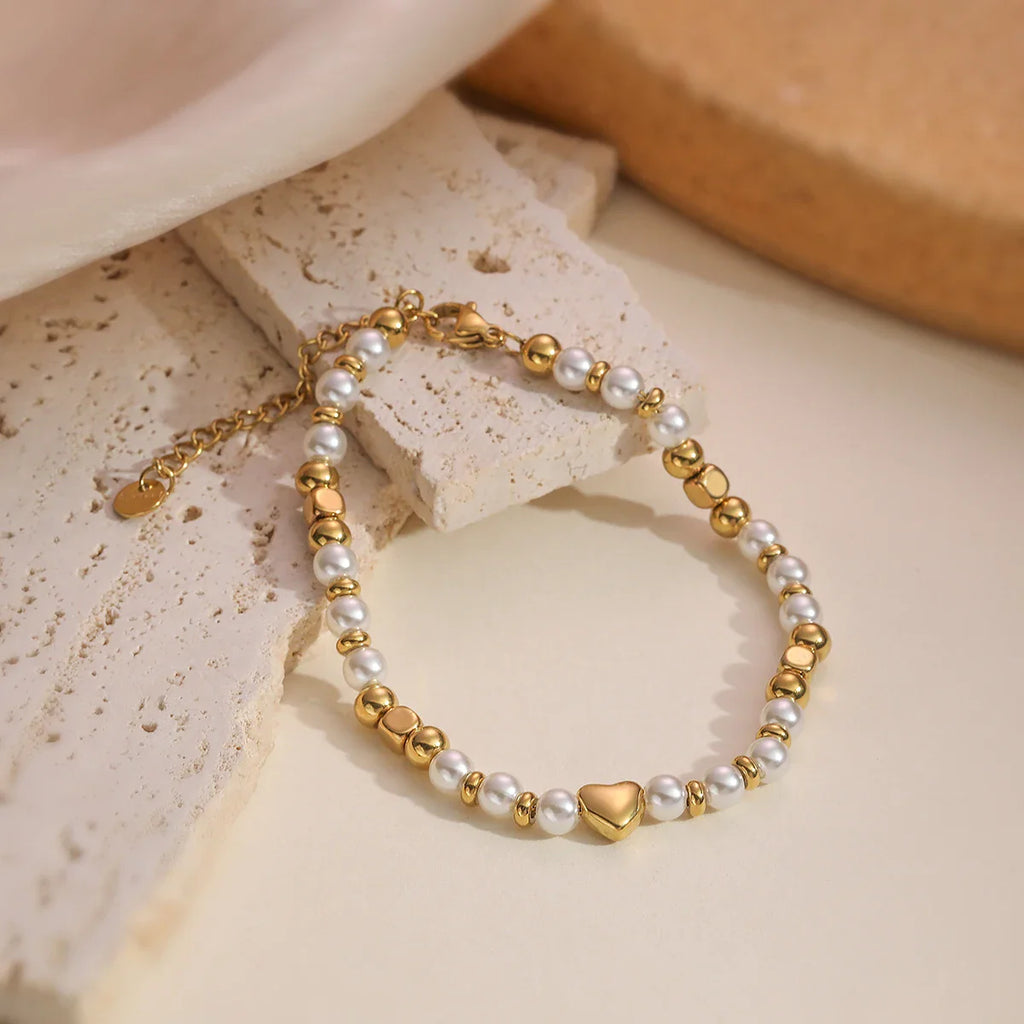 NEWBUY 2025 Trendy Gold Color Non-Fading Stainless Steel Beads Pearl Heart Bracelet For Women Daily Jewelry Accessories Vera Lux