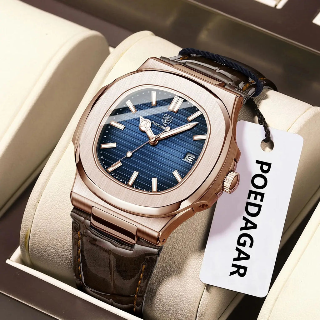 POEDAGAR Fashion Square Men's Watch Waterproof Luminous Date Business Man Wristwatch Casual Leather Quartz Watches For Men Reloj Vera Lux