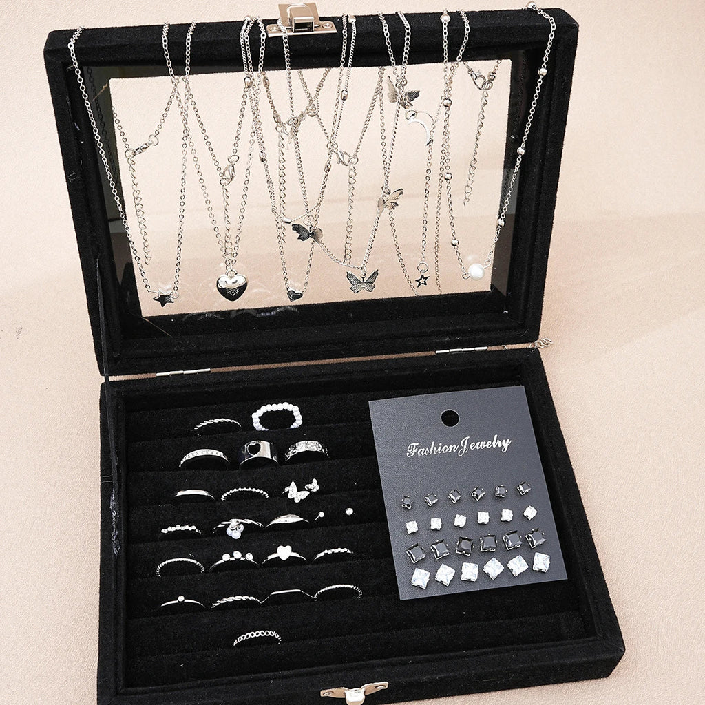 51 Pcs/Set Silver Color Chic Jewelry Set For Women Fashion Butterfly Heart Pearl Necklaces, Earrings, Rings, Match Daily Outfits Vera Lux