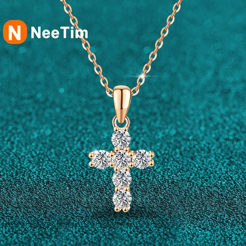 NeeTim 3mm D VVS1 Moissanite Cross Necklace for Women Lab Diamond Sterling Silver 925 Wedding Pendant Certified Necklaces Vera Lux