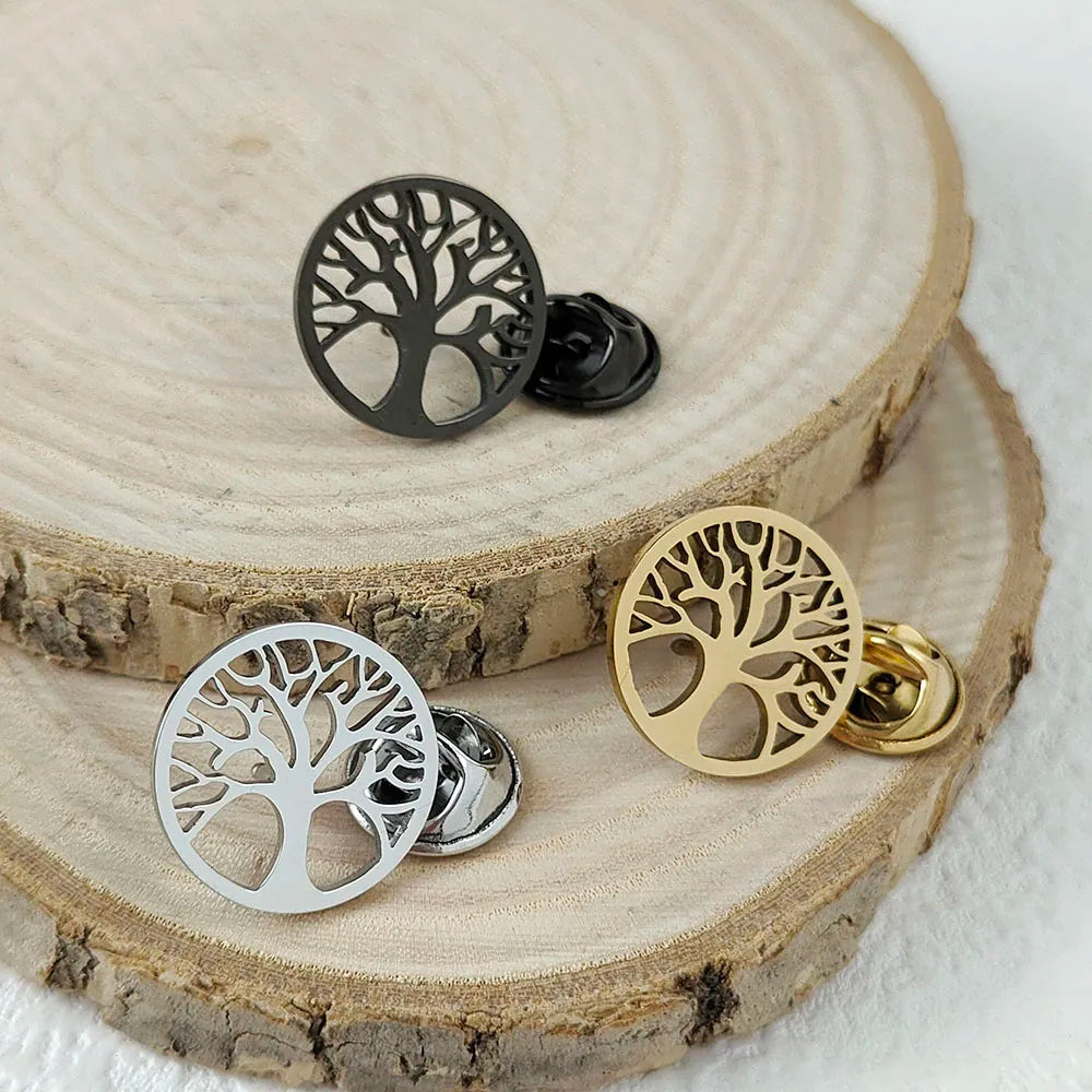 New punk style tree of life hollow stainless steel gold-plated badge, suit lapel pin waterproof black, men's brooch set Vera Lux