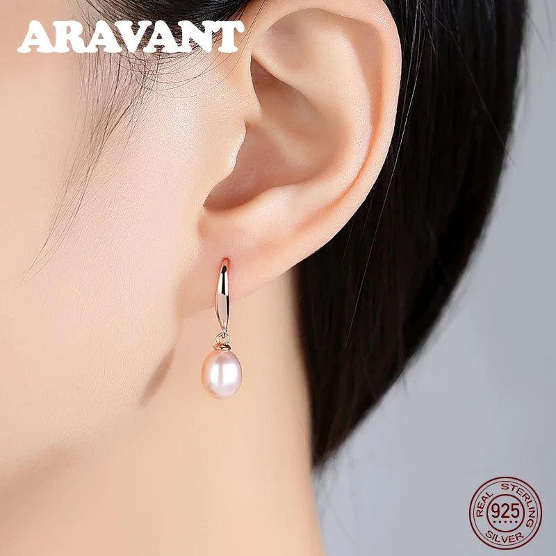 925 Sterling Silver Rose Gold Drop Earrings For Women Freshwater Pearl Earrings Wedding Jewelry White Pink Purple Vera Lux