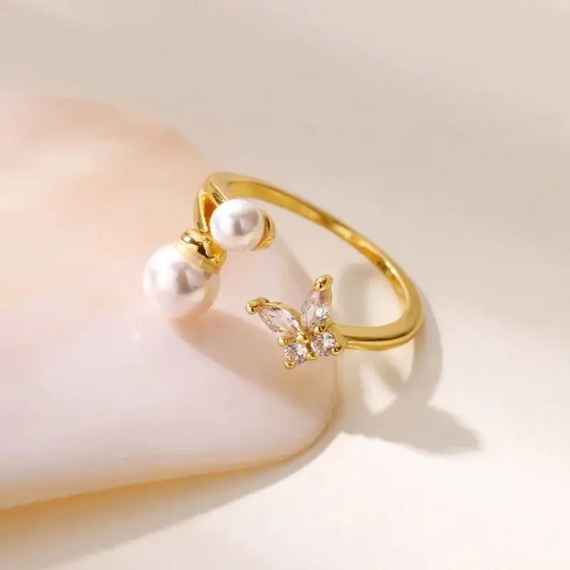 Zircon Butterfly Imitation Pearl Ring For Women Stainless Steel Gold Color Ring 2025 New Fashion Wedding Couple Jewelry Gifts Vera Lux