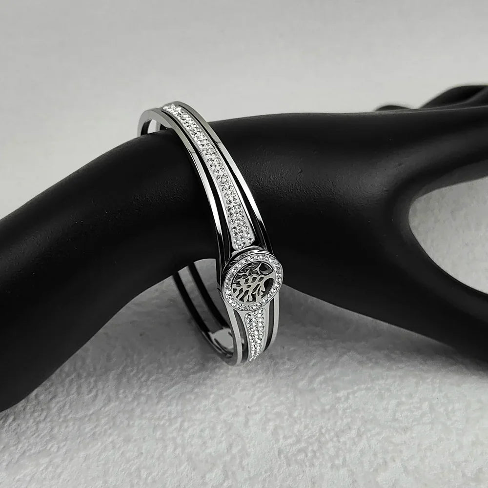 Luxury Stainless Steel Tree of Life Bangle for Women Men Crystal Zircon Bracelet Silver Gold Color Wrist Jewelry Accessories Vera Lux