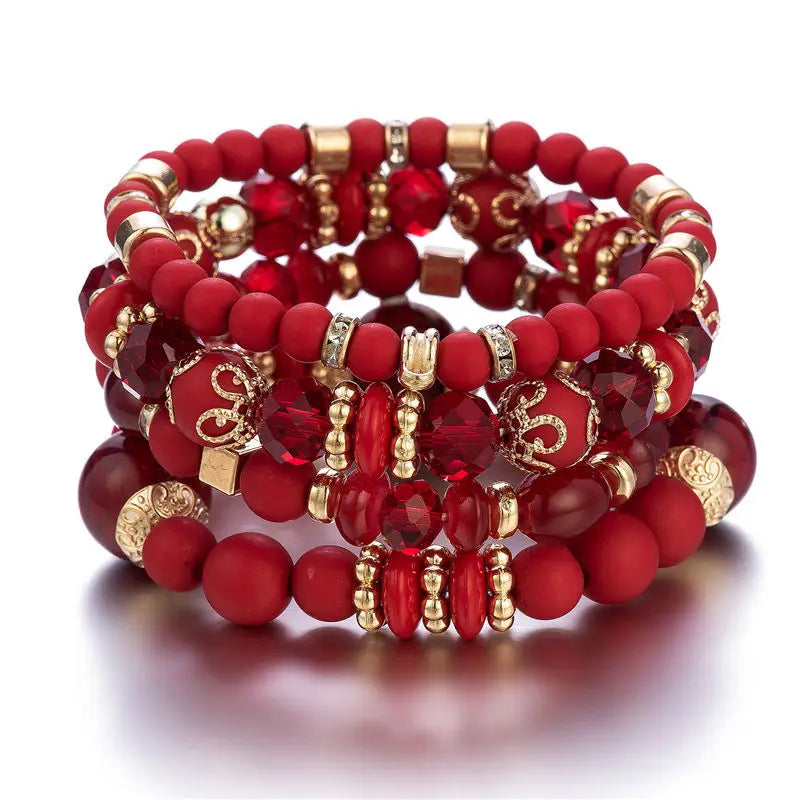 4Pcs Boho Crystal Beads Chain Bracelet Set For Women Vintage Heart Charm Elastic Bangle Female Fashion Party Jewelry Vera Lux
