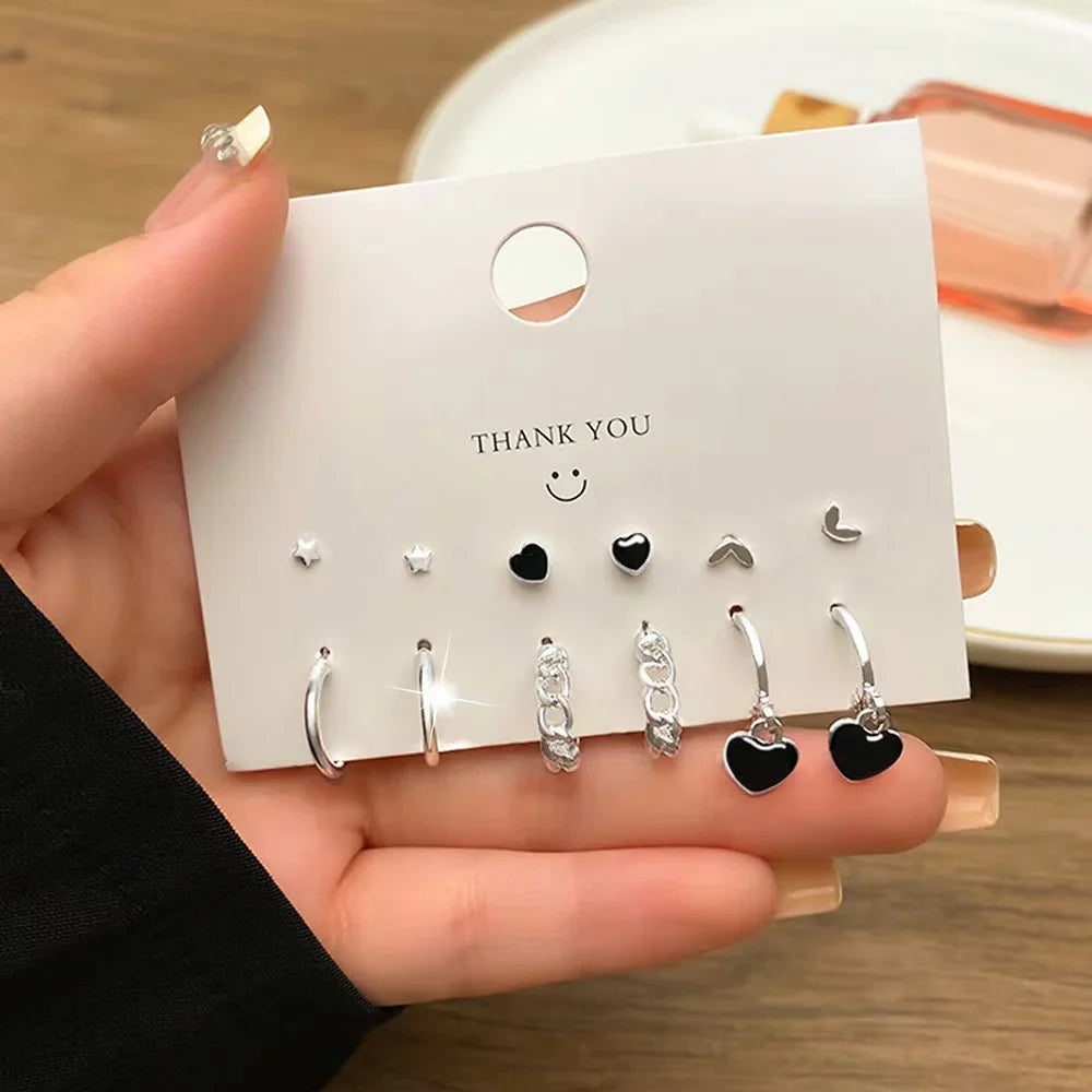 6 Pairs Korean Fashion Metal Start Heart Circle Small Earrings For Women Trend Black Heart Enamel Earrings Sweet Jewelry Vera Lux