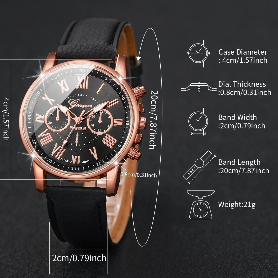 5PCS Women's Watches Fashion Roma Dial Leather Band Quartz Watch Ladies Silicone Band Wristwatch Reloj Mujer（Without Box） Vera Lux
