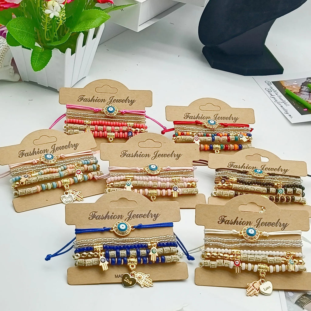 6Pcs Fatima Hand Evil Eye Bracelet Set For Women Heart Charm Beads Rope Chain Bangle Female Bohemian Handmade Jewelry Vera Lux