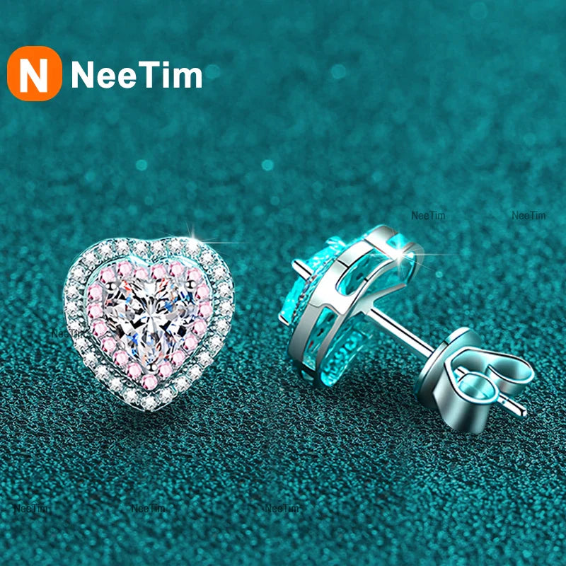 NeeTim 0.5ct Moissanite Earrings for Women Heart Shaped Lab Diamond Ear Studs 925 Sterling Silver Party Wedding Fine Jewelry Vera Lux