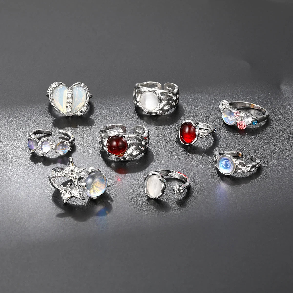9 Pcs Y2K Crystal Rings Kpop Heart Adjustable Ring Irregular Geometry Punk Vintage Rings Set for Women Girls New Fashion Jewelry Vera Lux