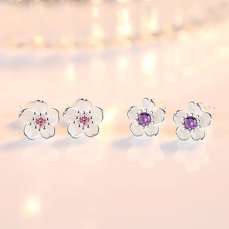 925 Sterling Silver Pink Purple Zircon Flower Small Stud Earrings For Women Wedding Elegant Luxury Jewelry Accessories Wholesale Vera Lux