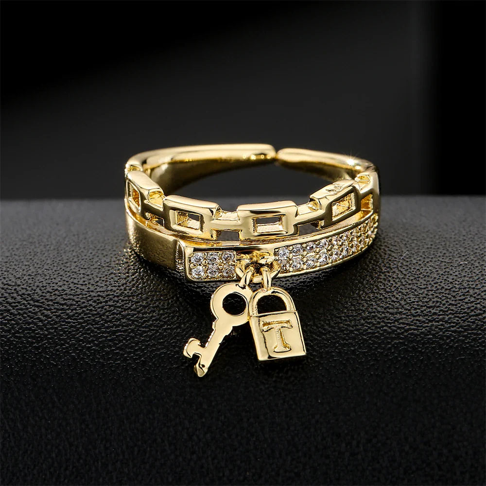 NEWBUY Fashion Gold Color Copper Wedding Jewelry Luxury AAA CZ Zircon Lock & Key Charm Finger Ring Adjustable For Women Girl Vera Lux