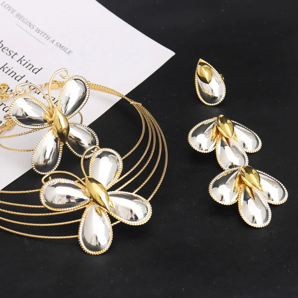 Dubai Luxury Jewellery 4PC Women's Fashion Trendy Flower Earrings Pendant Necklace Bracelet Set Gold-Plated Jewellry Party Gifts Vera Lux
