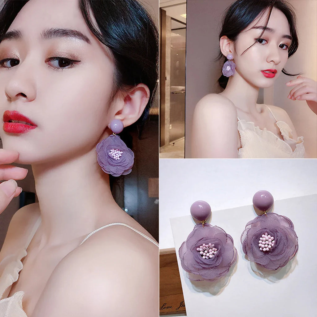 Needle Soft Snowflake Lace Flower Girl Soft Purple Milk Fruit Green Flower Dewdrop Earrings Ear Clips Fresh Sweet Style Ear Stud Vera Lux