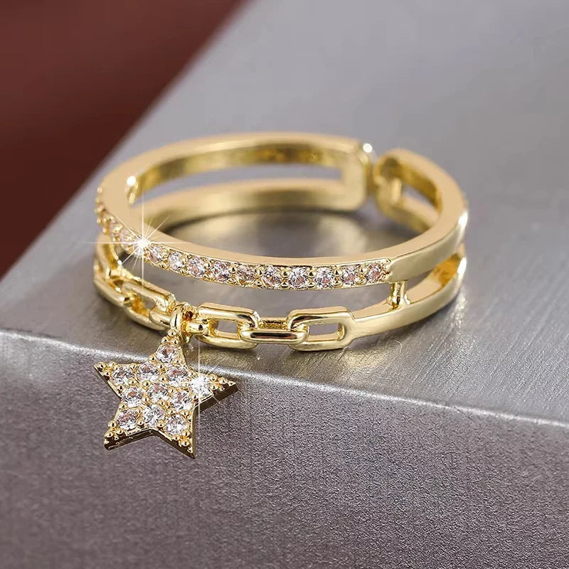Exquisite Double-layer Design Women's Opening Ring Synthetic Zirconia Adjustable Ring with Star Pendant Vera Lux