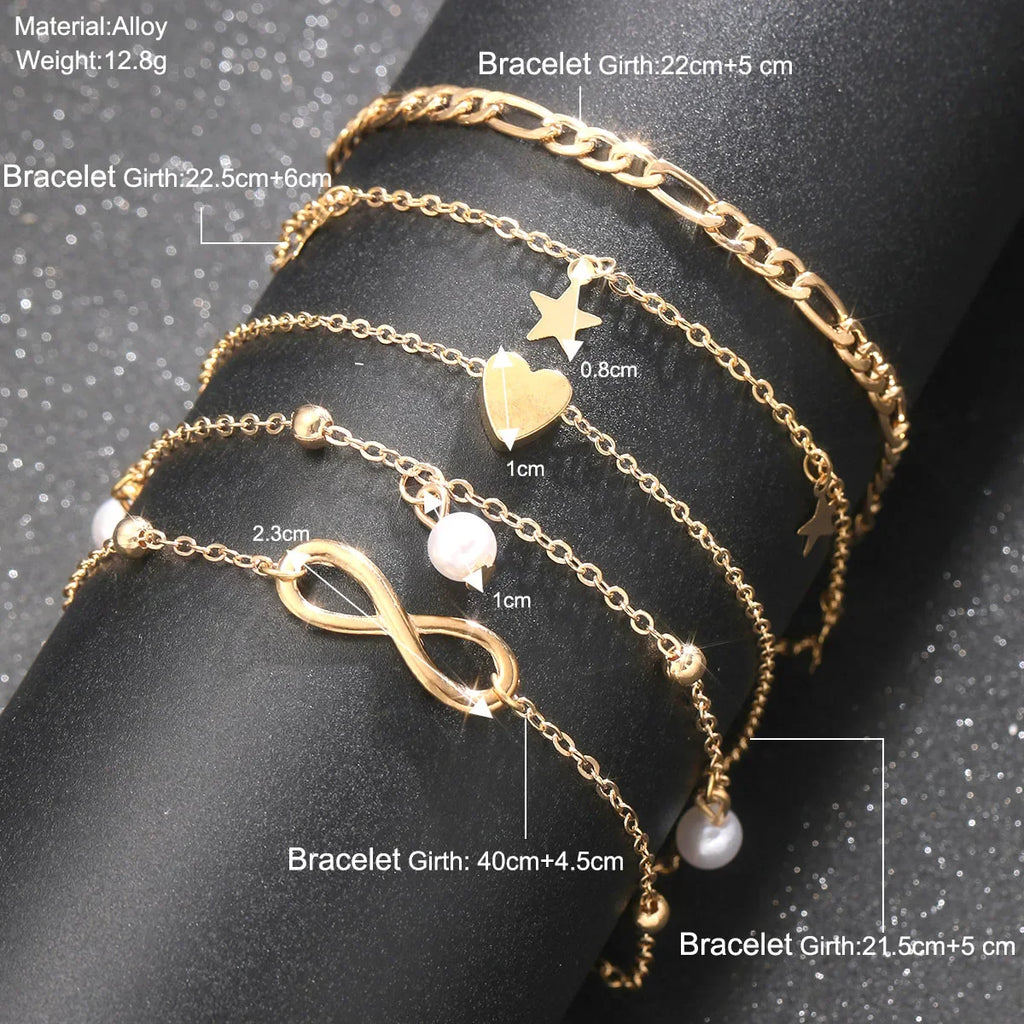 5Pcs Retro Multilayer Tassel Anklet Set for Women Bohemia Vintage Pearl Butterfly Star Heart Pendant Foot Bracelet Beach Jewelry Vera Lux