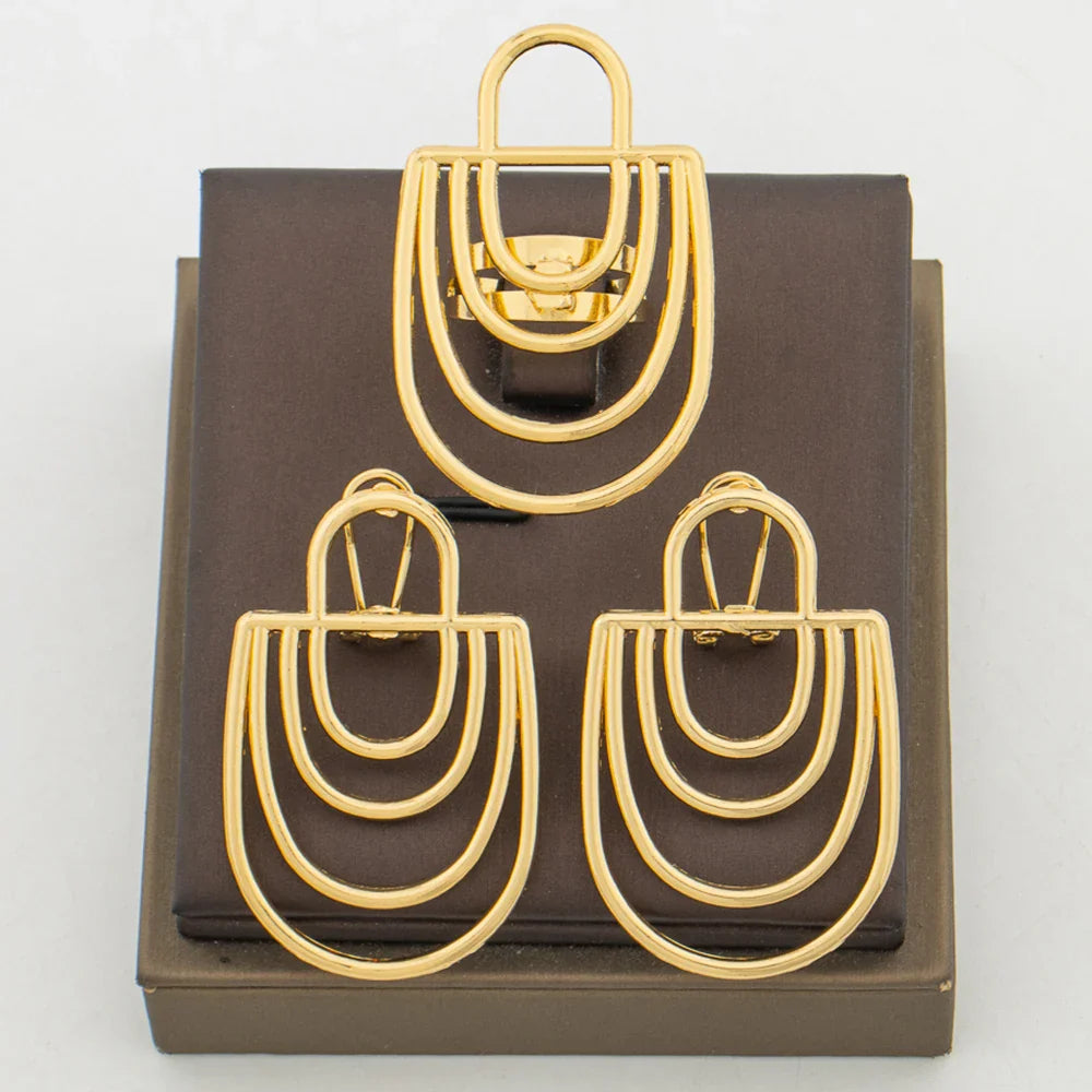 Irregular Earrings and Ring Jewelry Set African 18k Gold Color Clip Earrings Finger Ring 2Pcs Set for Engagement Jewellery Gifts Vera Lux