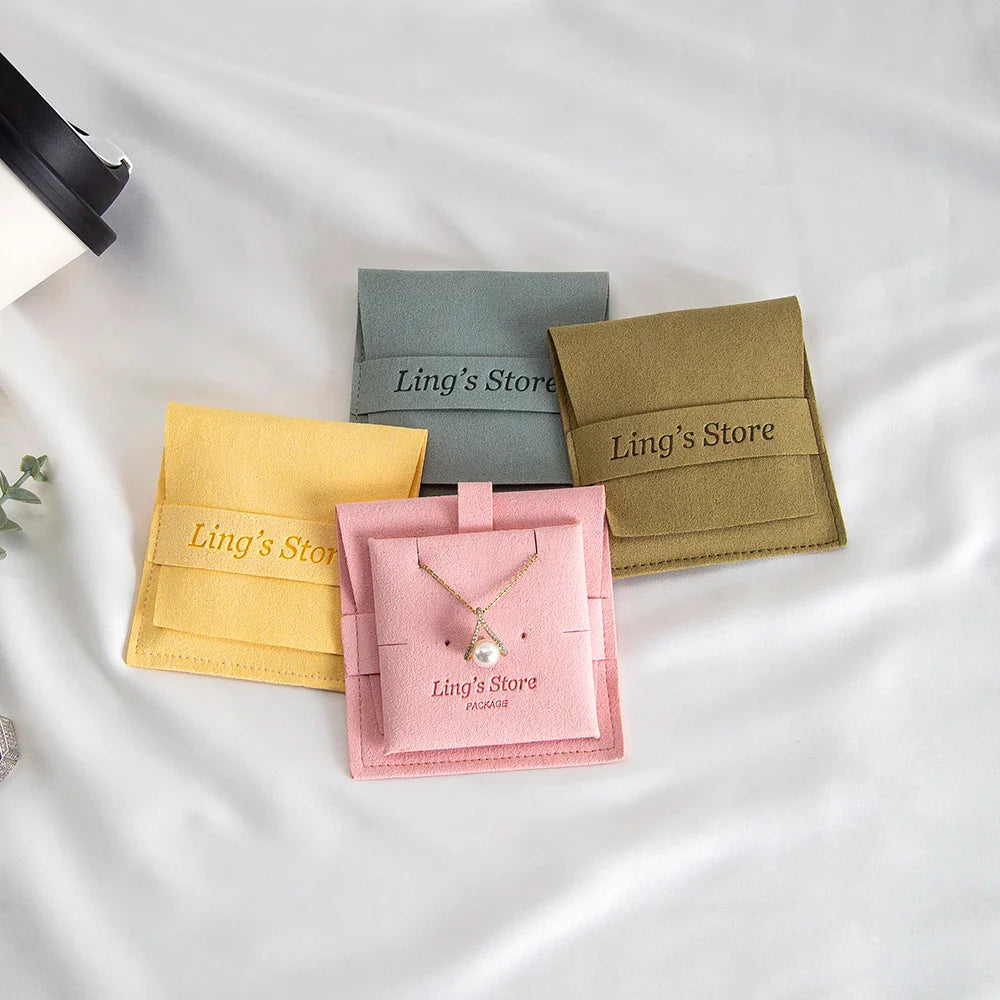 20/50/100pcs Personalized Logo Jewelry Microfiber Strip 8x8cm Bag Insert With 6x6cm Pad Card For Earrings Studs Necklace Pendant Vera Lux
